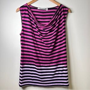 Y2K Michael Stars Fuchsia and Black Striped Tank Top With Draped Cowl Neckline